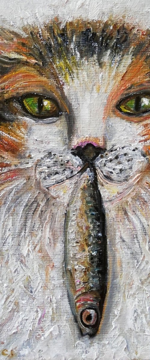 Cat with Fish Portrait by Katia Ricci