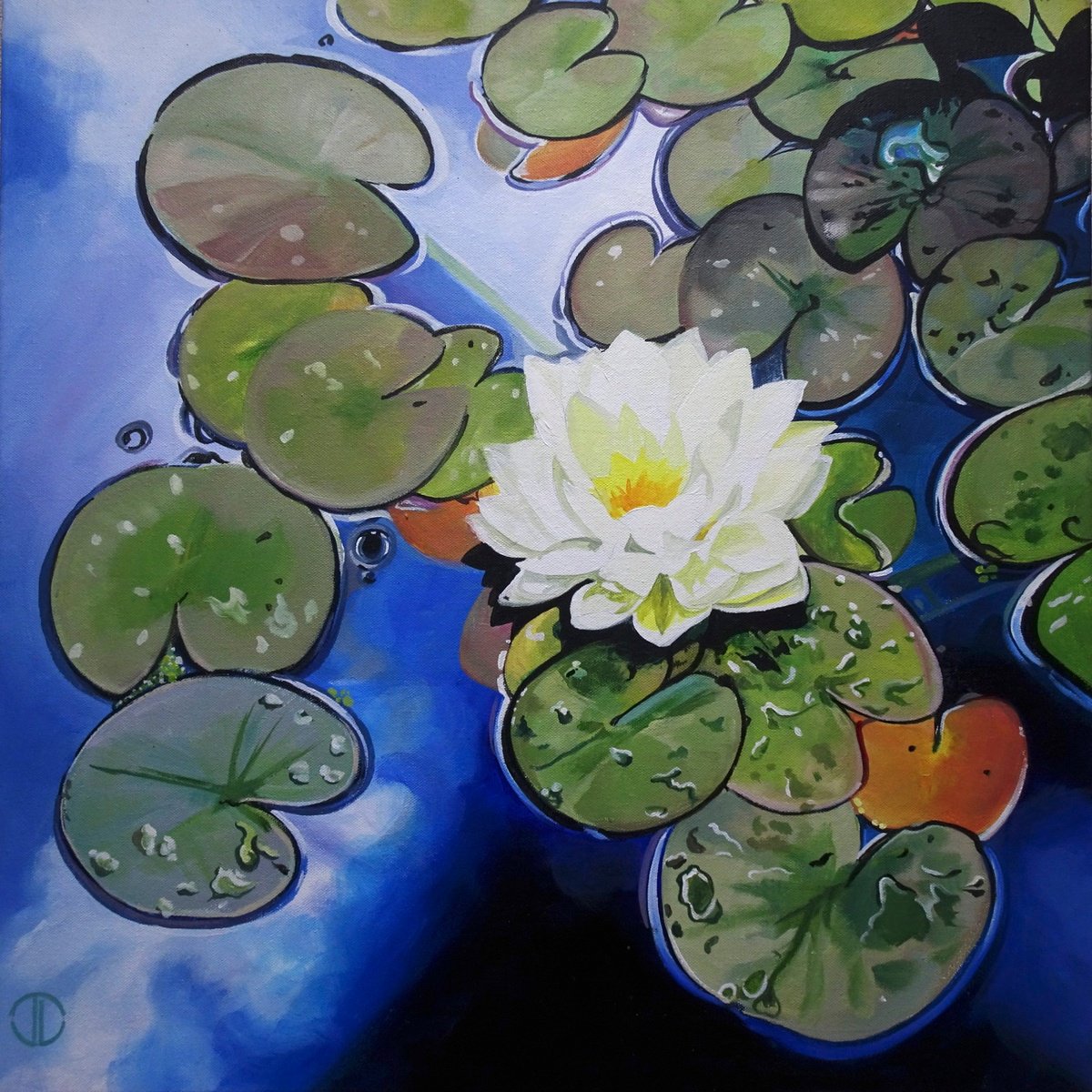 Impressionistic Botanical Acrylic Painting By Joseph Lynch, 24 X 24, Water Lily Inthe Summer Sun, Original Artwork