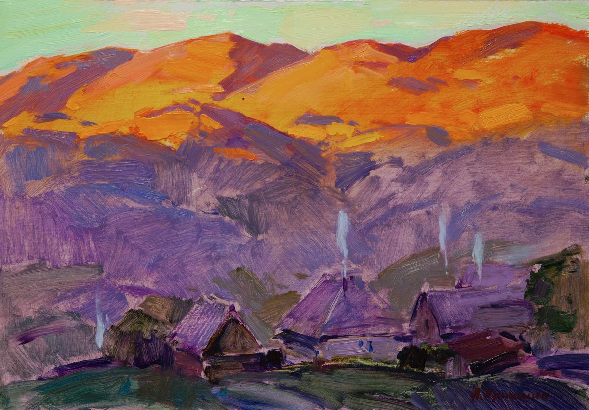 Impressionistic Landscape Oil Painting By Aleksandr Kryushyn, 17 X 12, Sunset In The Mountains, Original Artwork