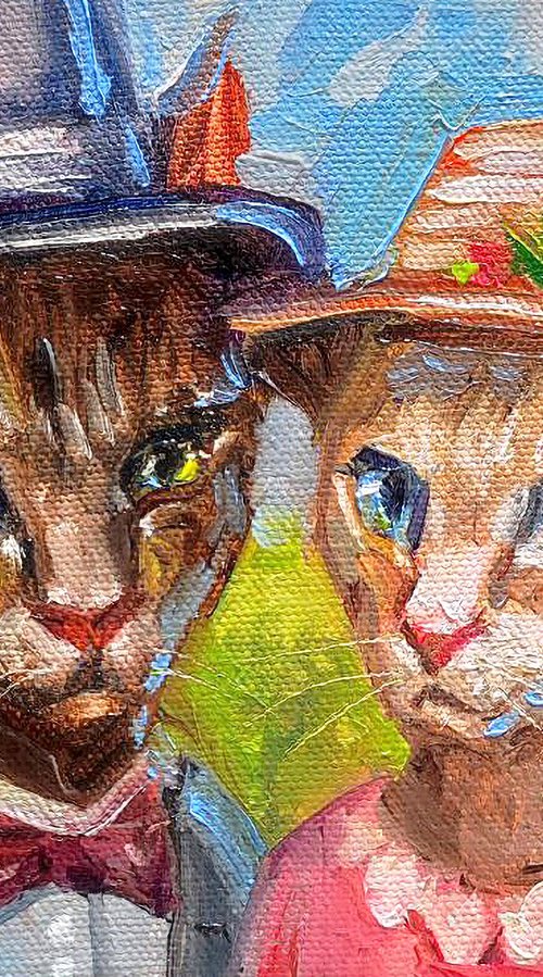 Two Cats in Hats. Oil Painting by Natalia Miasnikova