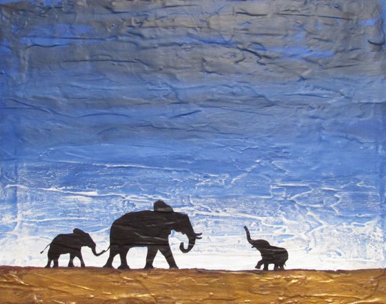 original abstract landscape african art "elephants , family reunion" africa animal painting art canvas - 40 x 50 cm