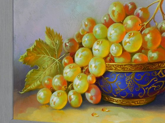 "Still Life with white grapes " Oil on canvas Original art Kitchen decor