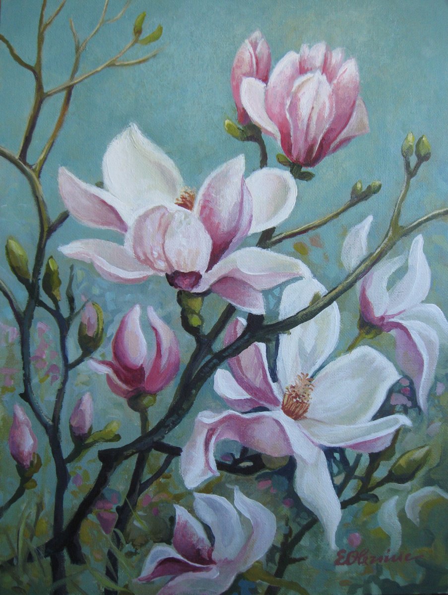 Impressionistic Botanical Acrylic Painting By Elena Oleniuc, 12 X 16, Magnolia Flowers, Original Artwork
