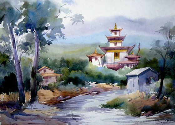 Buddhist Monastery at Bhutan - Watercolor Painting