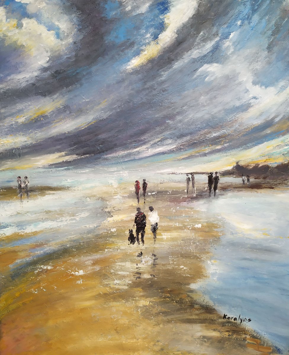 Impressionistic Landscape Oil Painting By Maria Karalyos, 18 X 22", By The Seashore, Original Artwork