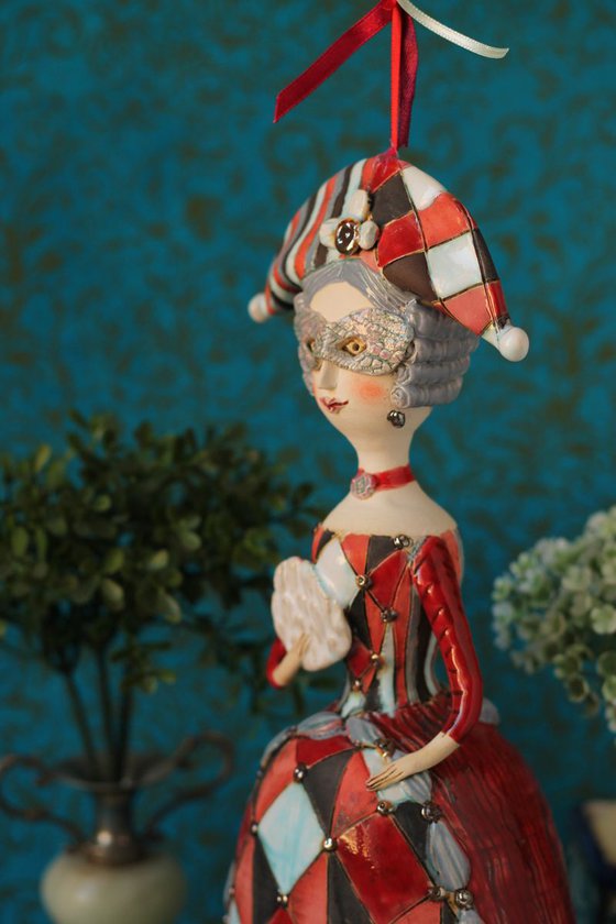 Carnival Dame as sculptured ceramic bell doll by Elya Yalonetski