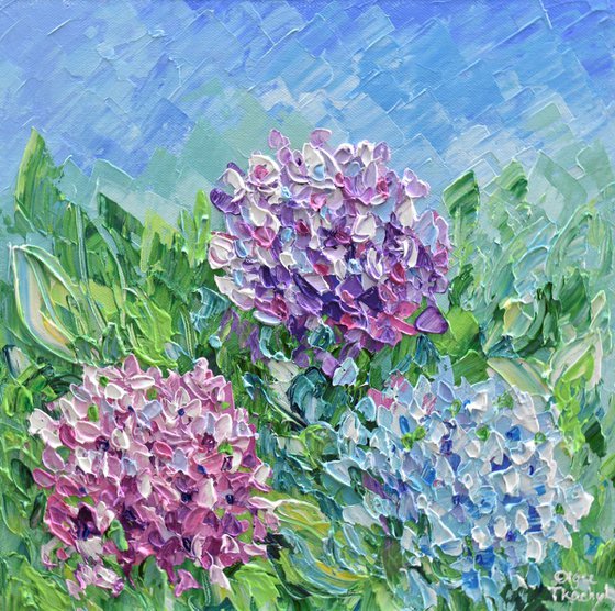 Blue and Pink Hydrangeas - Impasto Floral Acrylic Painting
