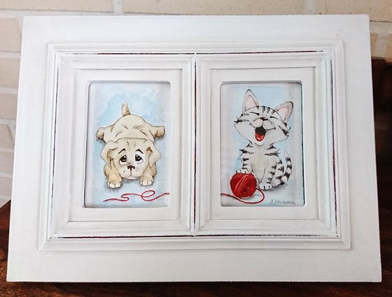 Friends. Diptych. Original watercolor painting. Framed