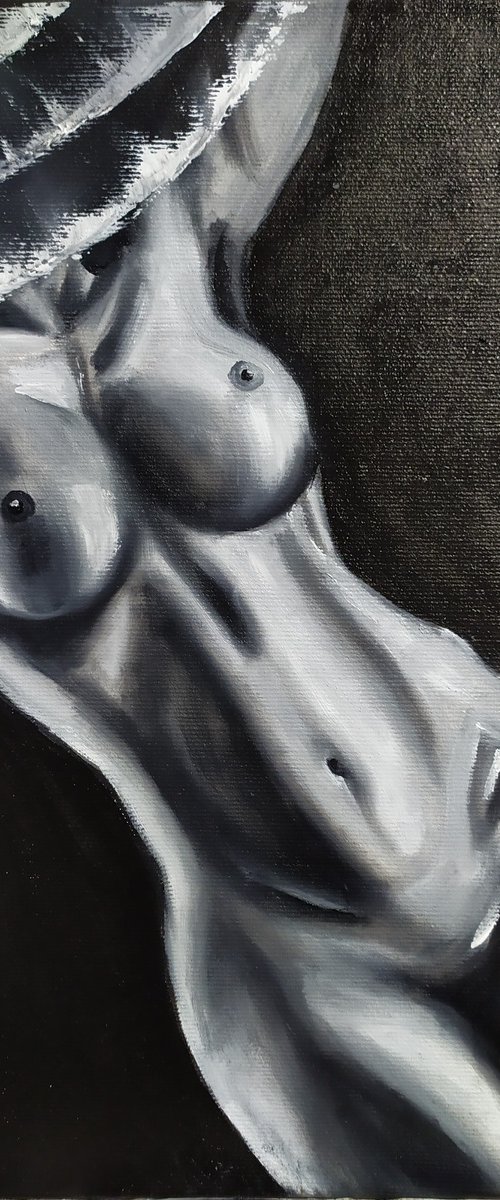 In a hat, original nude erotic black and white gestural girl oil painting by Nataliia Plakhotnyk