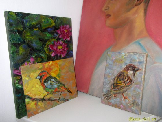 TROPICAL BIRD Painting 6x8 in Oil,Robin Miniature,Little Birdie Art Picture,Delightful Bird Illustration