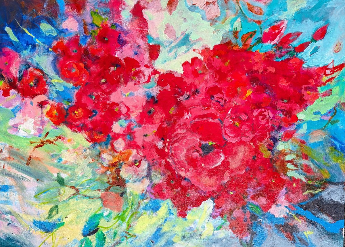 Expressive Botanical Acrylic Painting By Kerri Mccabe, 40 X 30", Kiss Me With Roses., Original Artwork