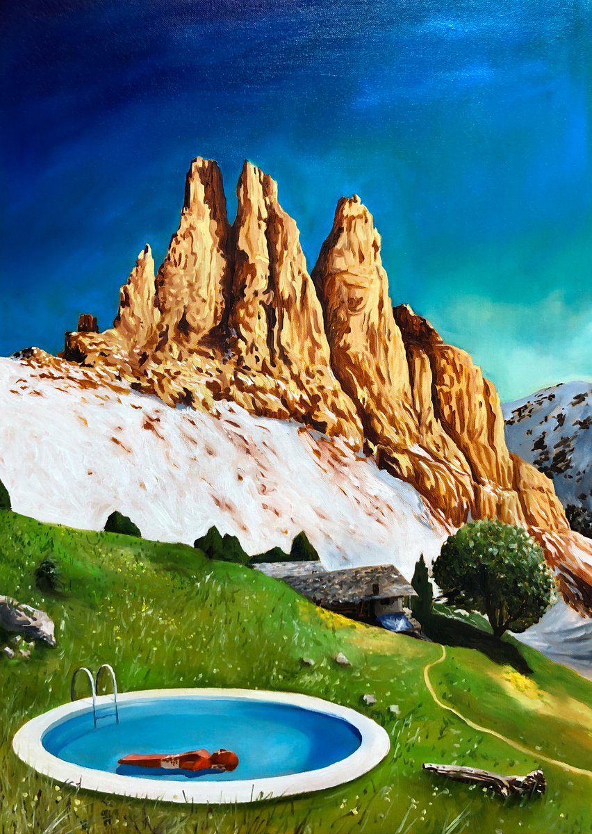 Surrealistic Landscape Oil Painting By Sofia Fresia, 20 X 28", Baite Con Vista (Chalets With View), Original Artwork