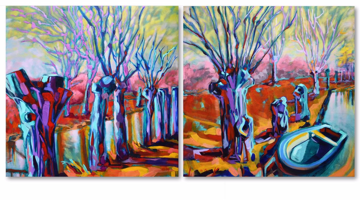 Impressionistic Landscape Oil Painting By Hilde Hoekstra, 39 X 20, Pollard Willows, Original Artwork