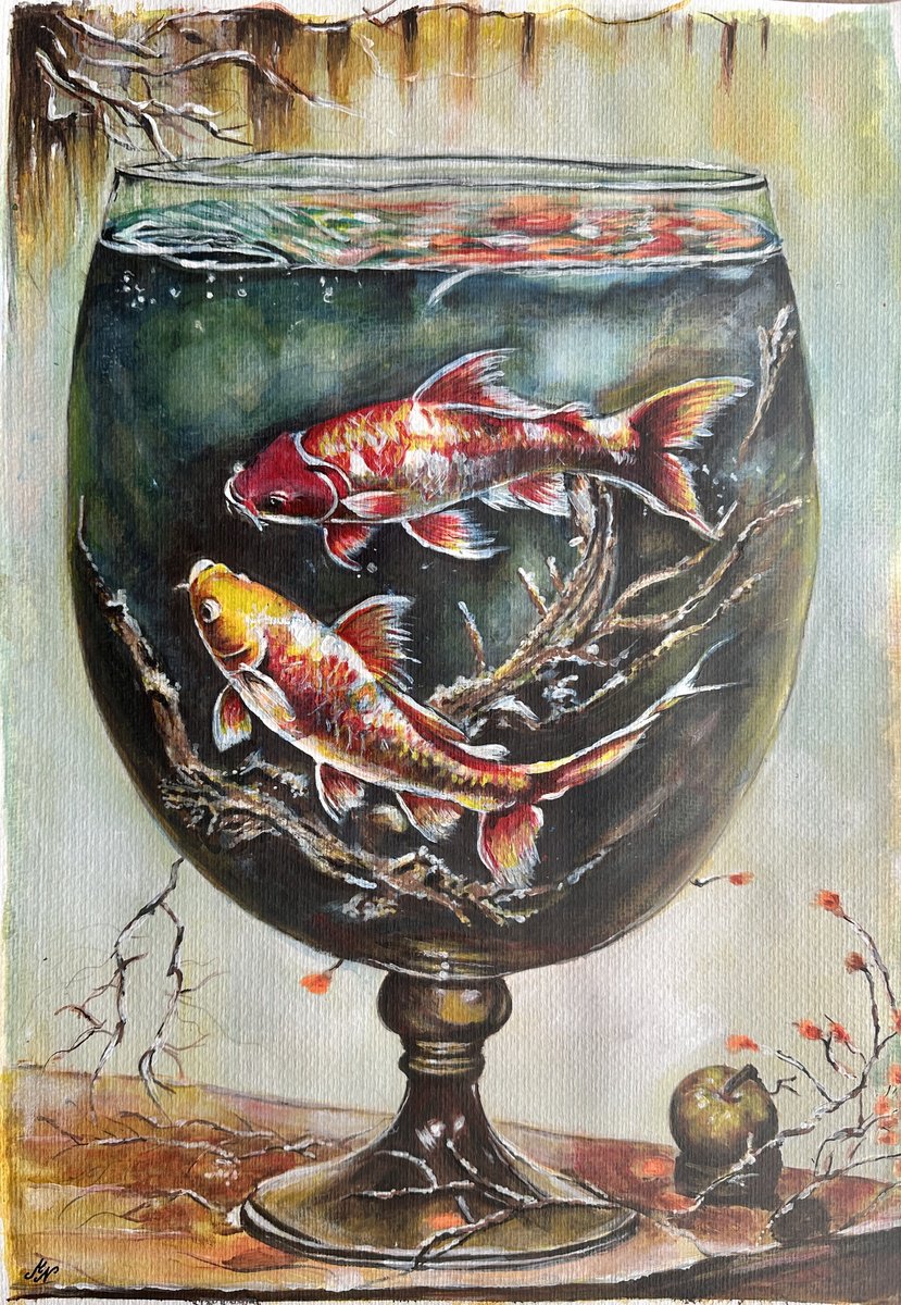 Surrealistic Animal Painting By Misty Lady - M. Nierobisz, 13 X 19", Where Fish Drink, Original Artwork