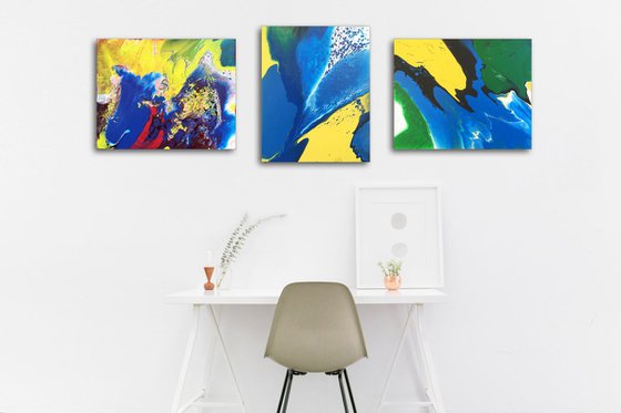 "Cold Fusion Series" - Original Triptych, Abstract PMS Acrylic Paintings Series - 56" x 20"