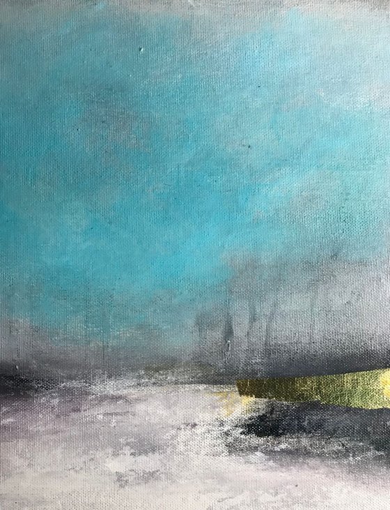 Abstract landscape misty winter forest atmospheric with gold leaf turquoise blue and gold "Another dream"