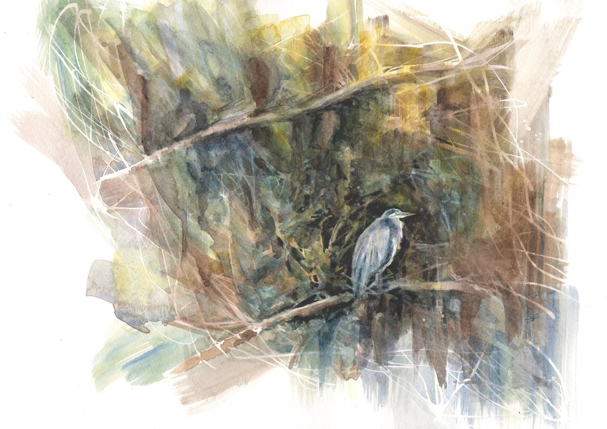 Impressionistic Animal Watercolour By Sarah Stowe, 14 X 10", Herons Rest, Original Artwork