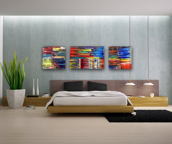 "The Road Less Traveled" - Save As A Series - Unique PMS Geometric Oil Painting Triptych On Canvas - 84" x 24"