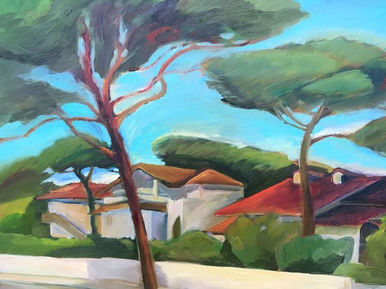 ITALY. NOON - oilpainting on canvas Italian landscape green pine trees sea blue sky idea for present gift home decor