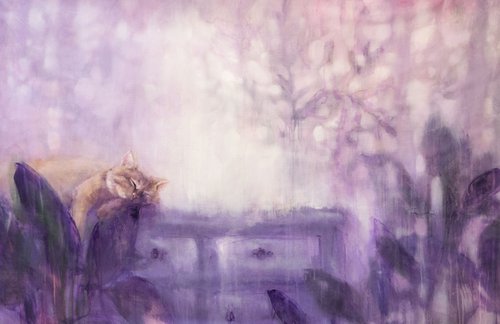 Violet morning - homescape with ginger cat by Olga Bezverkhaya