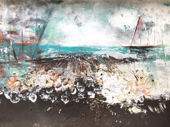 On the Sea - Landscape Painting - Sea - Abstracts - Fine Art - UK Art - Affordable Art - Beautiful Paintings - Original Art - Acrylic Painting - Sea - Sails