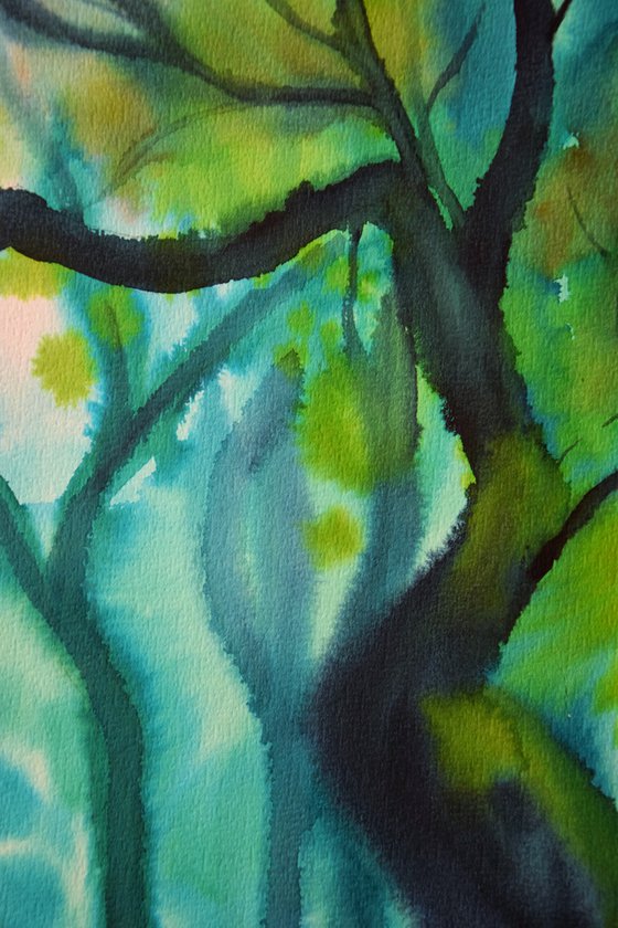 Green forest original watercolor painting, moss trees, mystic wall decor