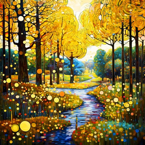 Warm green gold forest and calm river with light reflections and bright sunbeams in Klimt style. Hanging large positive relax colorful wall art for home decor by BAST