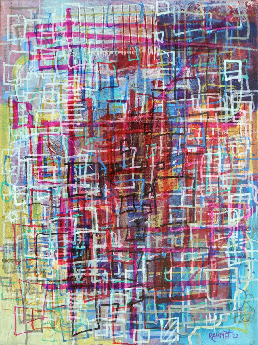 Abstract Cityscapes Acrylic Painting By Rakhmet Redzhepov, 12 X 16", Quadrilion Singularity., Original Artwork