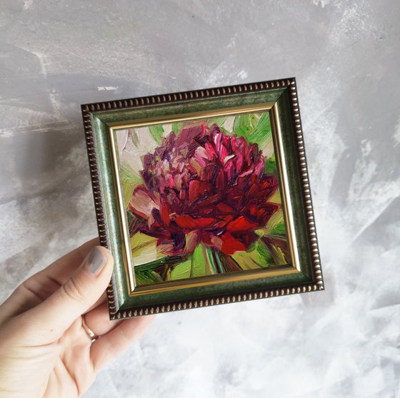 Small painting red flowers original, Unique peony wall art, Peonies art gift for grandmother