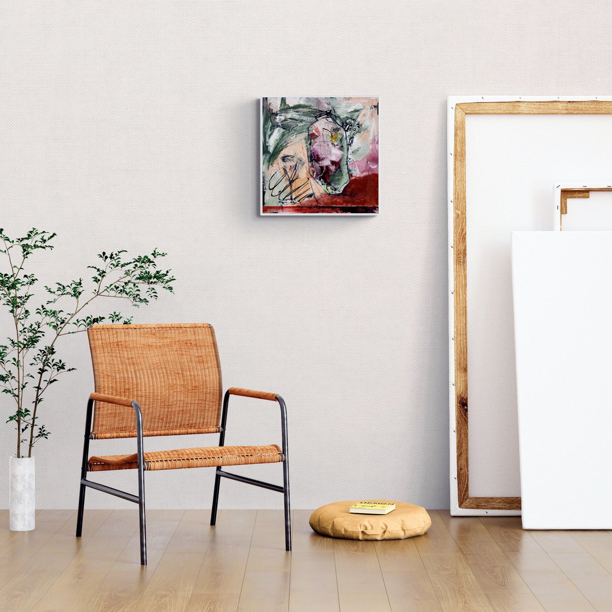 Abstract Acrylic Painting By Jutta Rika Bressem, 16 X 16", Still Life With Bottle + Glass, Original Artwork