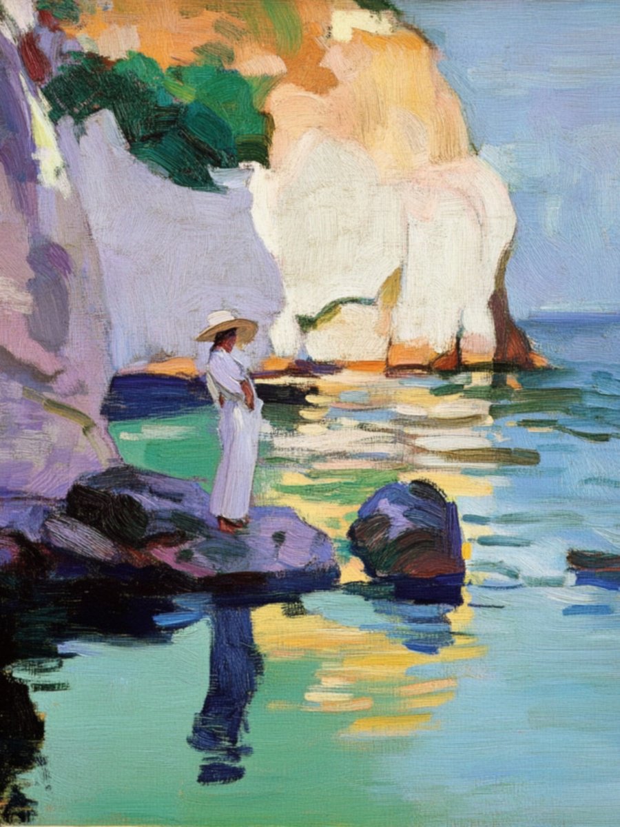 Impressionistic Landscape Print By Elena Avanesova, 24 X 31, Woman On A Rock. Elena, Original Artwork