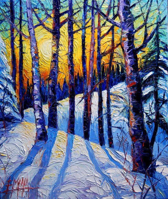 Winter Woodland Sunset Modern Impressionist Palette Knife Oil Painting