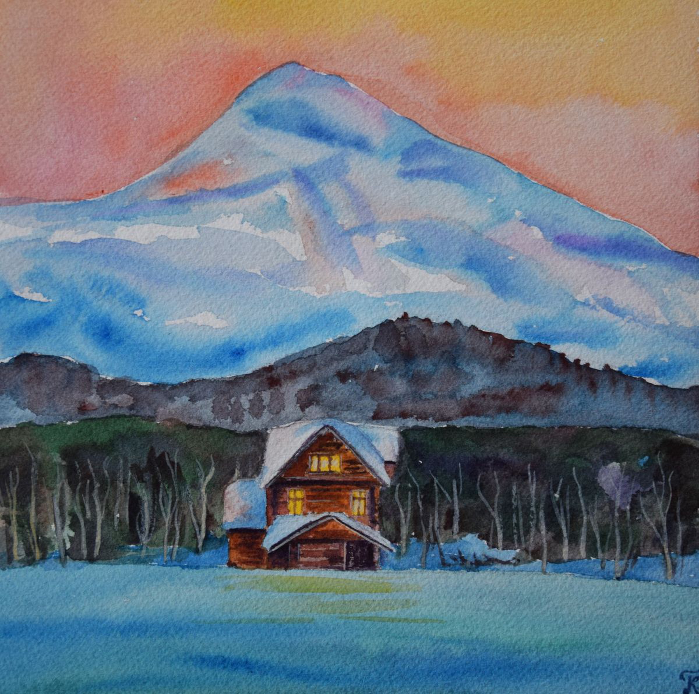 Winter Watercolor Painting Sunset Snowy Cabin Ho Artfinder