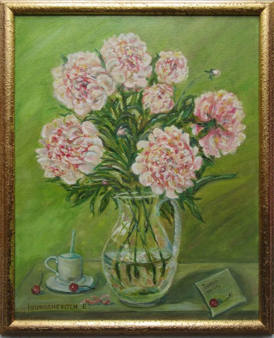 Peonies and Coffee with a Love Message Contemporary Classical Floral Fine Art Work for a Mother or a Girlfriend