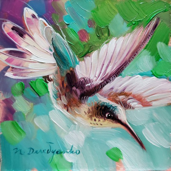 Hummingbird painting original oil art framed 4x4, White hummingbird blue green painting minimalist, Mothers day gift