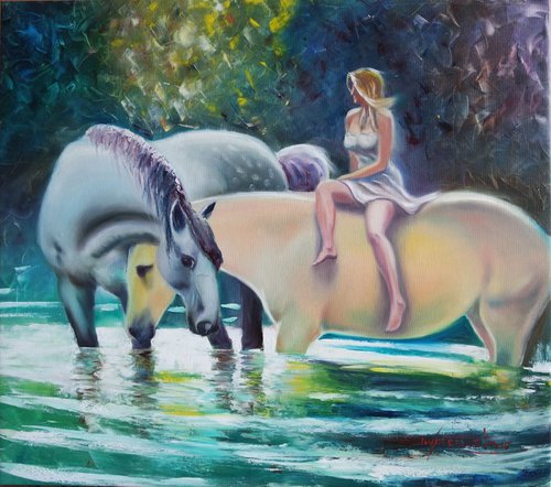 HORSE RIDING OF A DREAMY YOUNG WOMAN Impressionist Oil Painting by Ion Sheremet