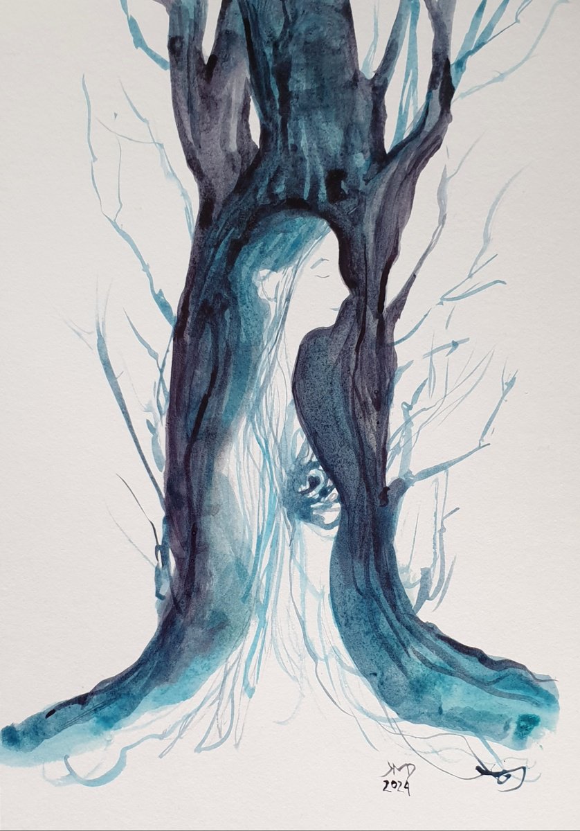 Surrealistic Portrait Ink Drawing By Ksenia June, 6 X 8", The Heart Of The Forest, Original Artwork