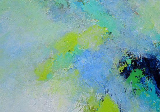 3D Abstract Painting on Canvas. Bright Colors, Blue Green White Violet Turquoise Teal, Bold Modern Art with Brush Strokes Texture