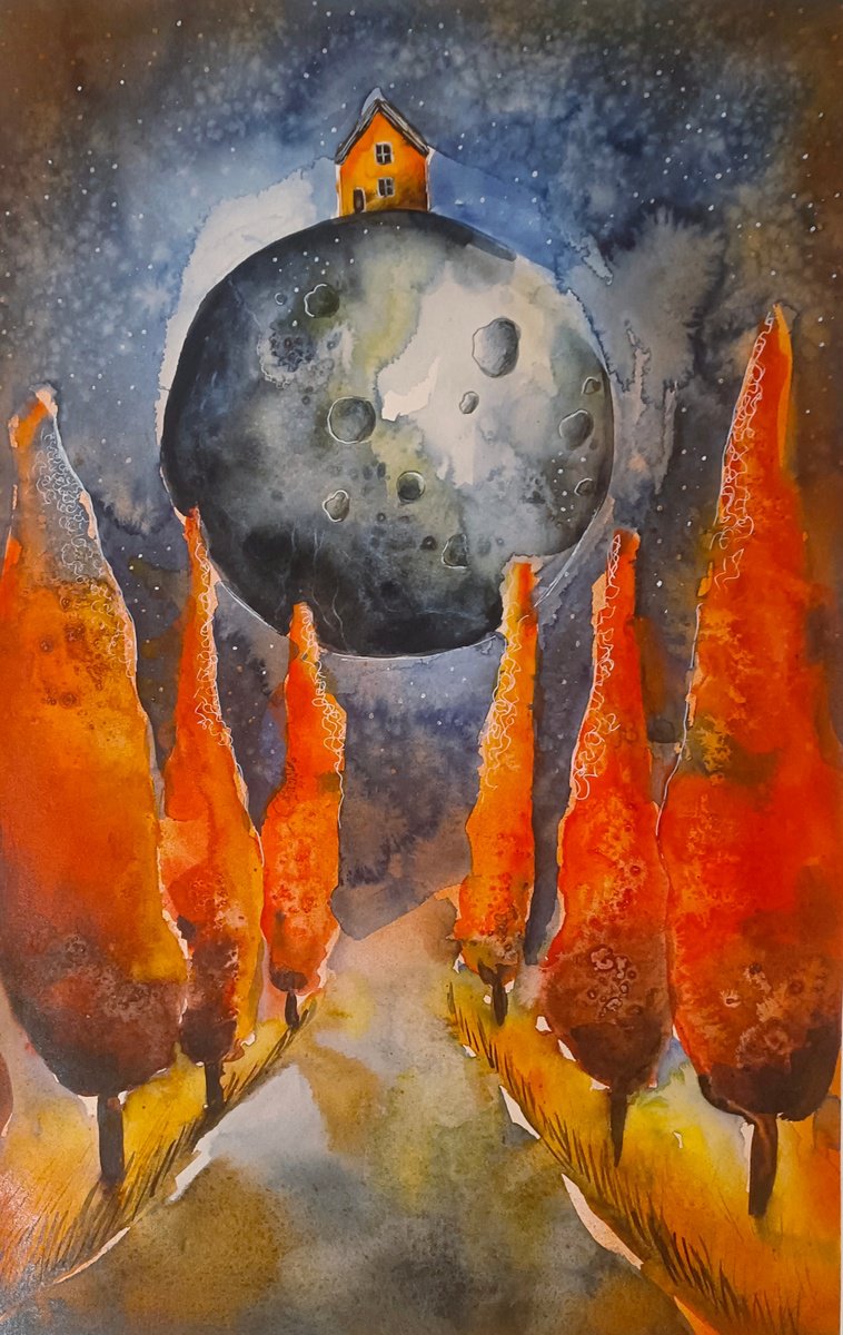 Surrealistic Landscape Watercolour By Evgenia Smirnova, 15 X 22, House Among The Stars, Original Artwork