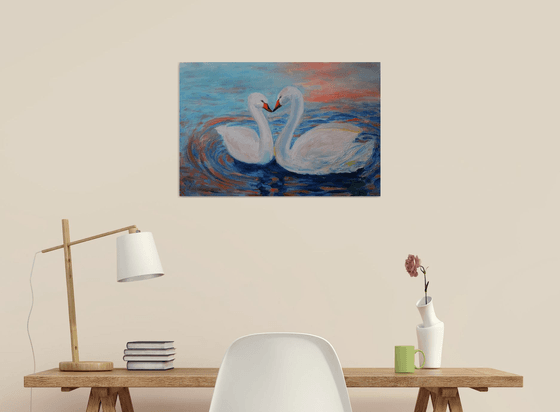 Oil painting Swans on Reykjavik Lake