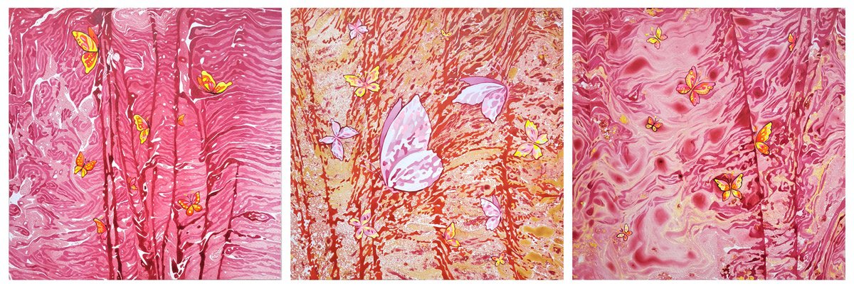 Abstract Animal Acrylic Painting By Mariia Raskin, 30 X 10", Set Of 3 «Queit Meadow», Original Artwork