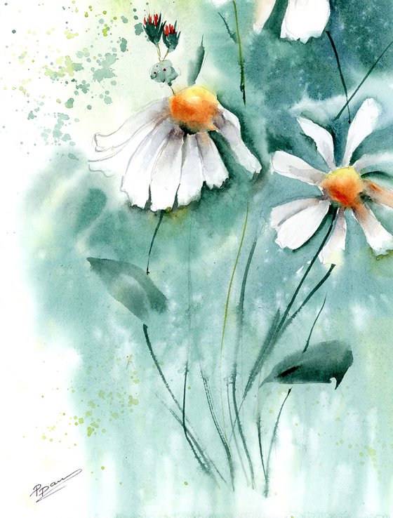 Daisies flowers (1 of 2) - Original Watercolor Painting