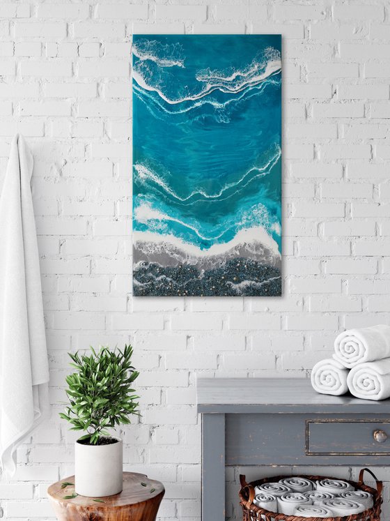 Turquoise waves - original seascape resin artwork with real blue shell