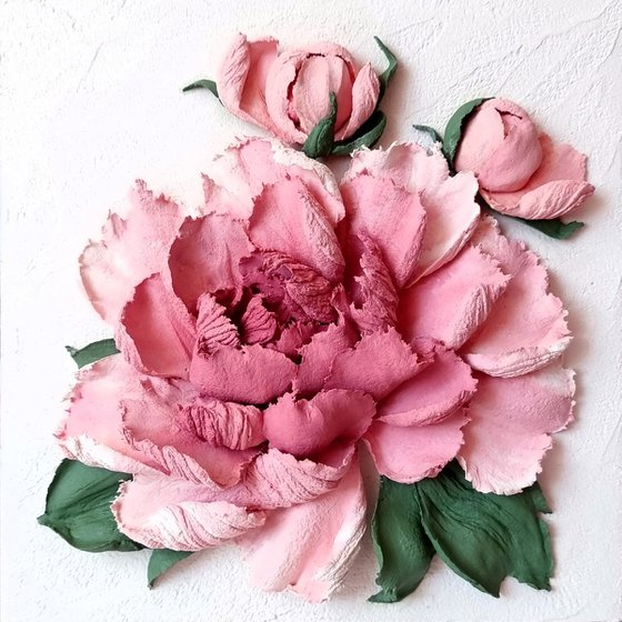 Peony flower panel. Small ceramic sculpture 3d flower with maroon petals. Tender peony botanical bas- relief. Maroon Peony 3 - 3d painting