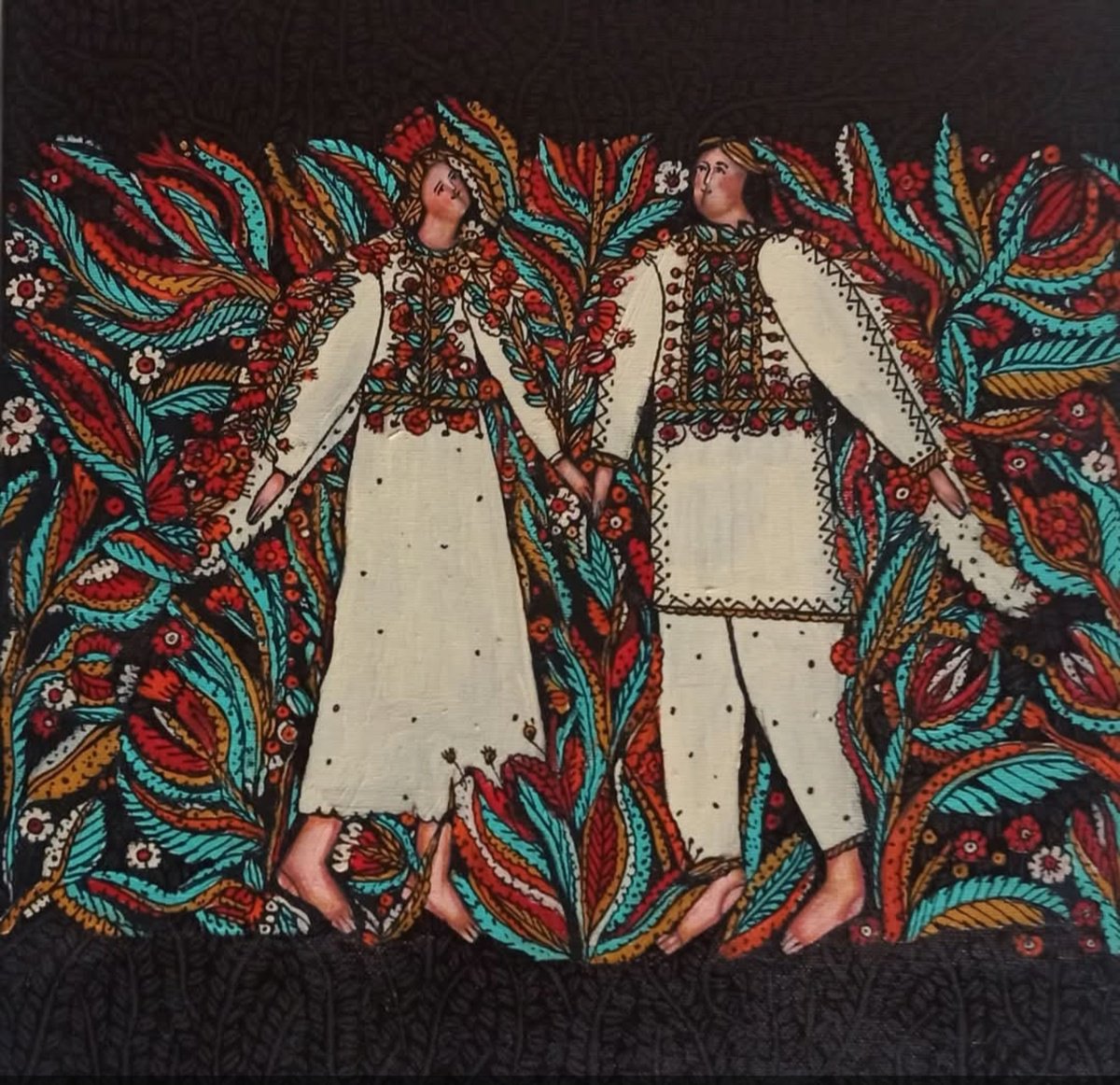 Naive Portrait Acrylic Painting By Tetiana Osadchuk, 12 X 12", Free Like Birds, Original Artwork