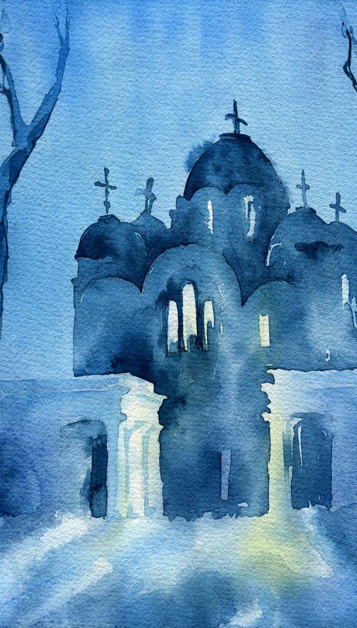 Architectural landscape "Evening Kyiv. Vladimir Cathedral" - Original watercolor painting by Ksenia Selianko