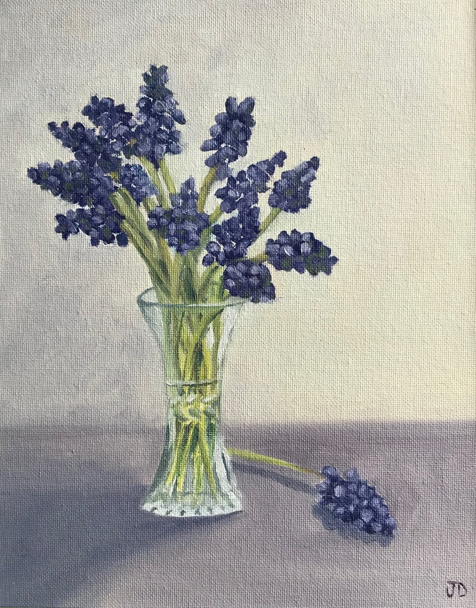 Impressionistic Botanical Oil Painting By Jane Denton, 11 X 13, Grape Hyacinth In Oil, Original Artwork