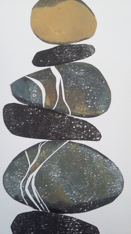 Zen stones - Twelve stones #6  ( banded balancing stones lino/monoprint)