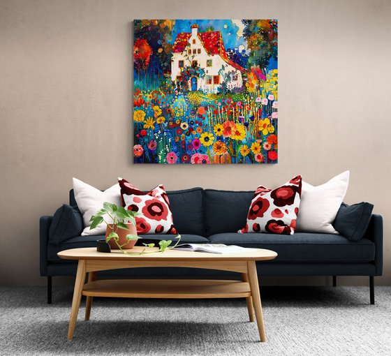 Sunny day with cozy house in colorful garden. Bright impressionistic fairytale floral landscape fantasy flowers. Hanging large positive relax naive fine art for home decor, inspiration by Matisse and Klimt
