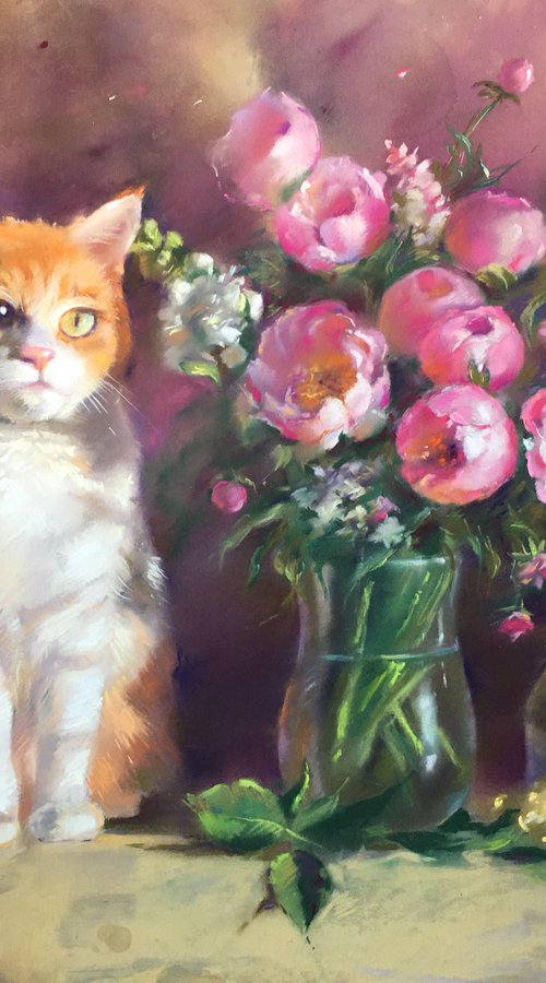 натюрморт с цветами и котом by Alice Fly